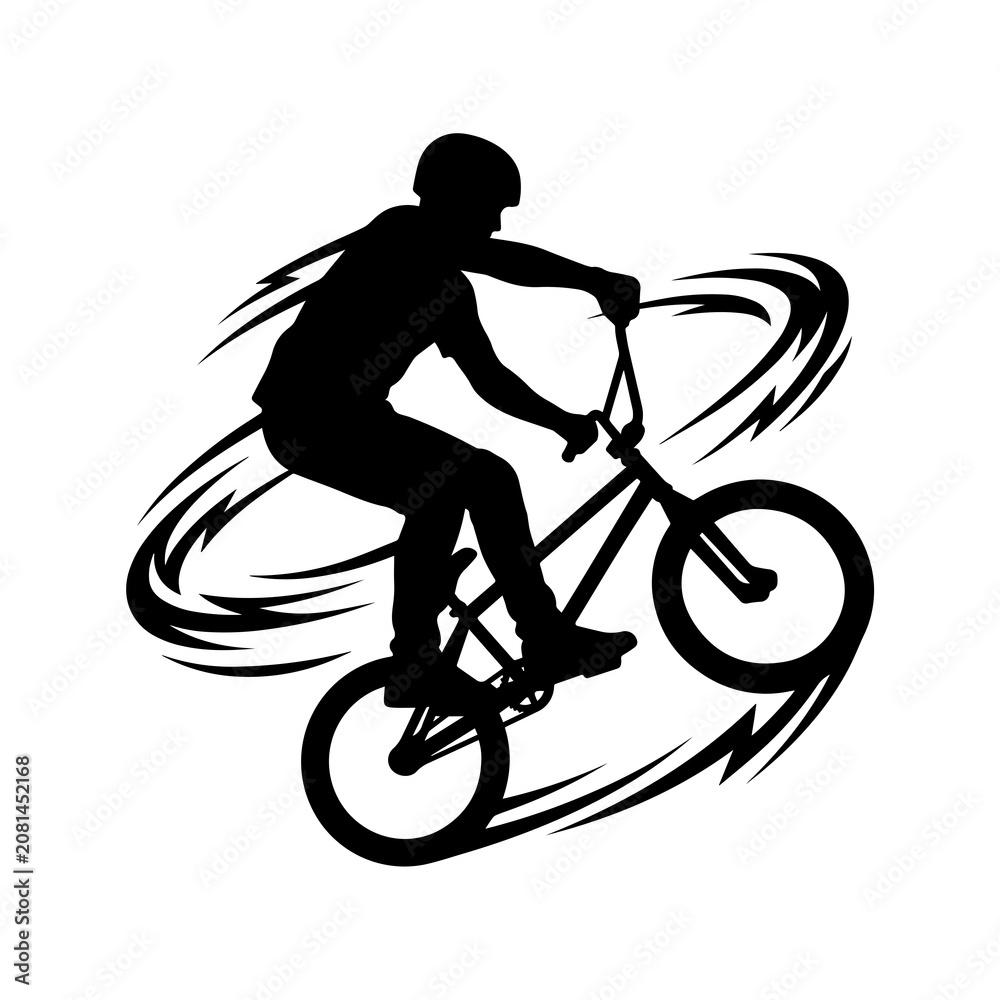 Obraz premium Black and white silhouette of a bmx rider performing a trick with circular motion blur lines on a white background