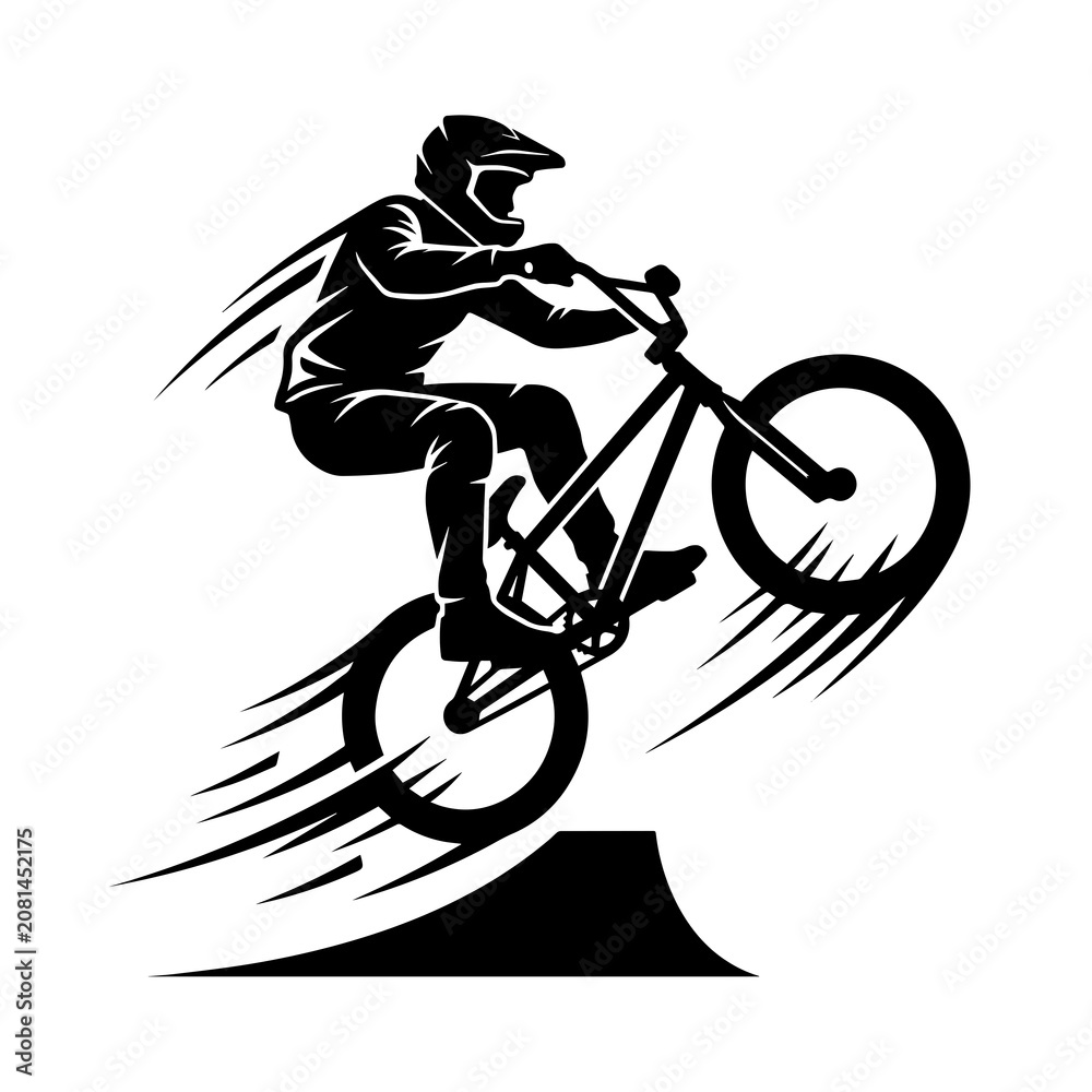 Obraz premium Black and white silhouette of a cyclist performing a stunt jump on a ramp with motion blur lines on a white background