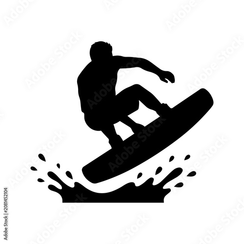 Photography Black silhouette of a person surfing on a surfboard, jumping over water with spl