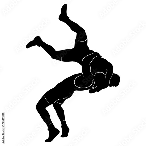 Black silhouette of two wrestlers in a dynamic grappling hold, isolated on a white background, for sports competition
