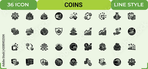 Foto Coins icons set depicting thirty six financial and banking symbols in flat black line style