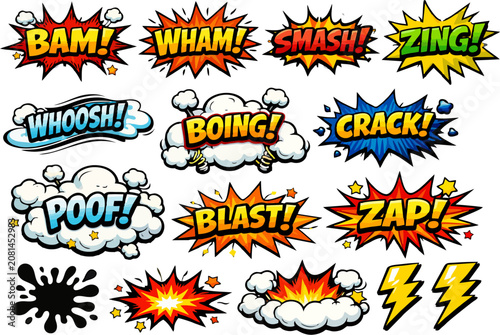 Tableau sur toile Comic Book Sound Effects Vector Set – Pop Art Speech Bubbles with Explosions, Ac