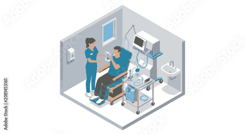 Photos Nurse assisting a patient with a breathing apparatus in a medical room