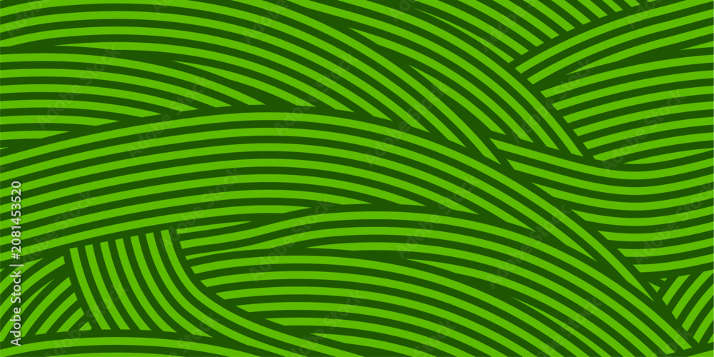 Obraz premium Farm field wavy bg seamless pattern and agriculture farmland plantation background. Farm wavy pattern of green line waves of grass or rice fields and hills with organic abstract swirly linear texture