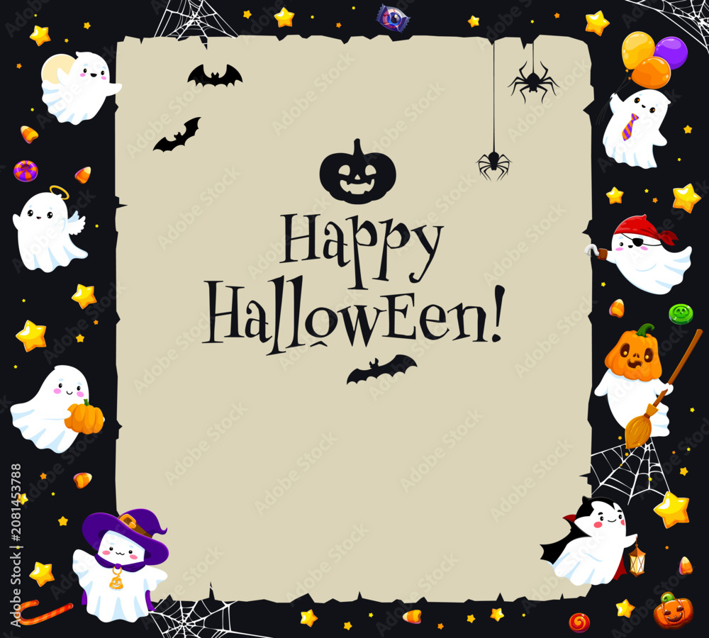 Obraz premium Halloween festive banner with kawaii ghosts, cobweb and old paper scroll parchment, cartoon vector. Happy Halloween holiday banner with pumpkin lantern, funny spooky ghosts and treat or trick candy