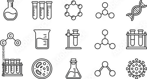 Science and chemistry line icon set featuring laboratory glass beakers, test tubes, DNA helix, molecules, petri dish, and virus.