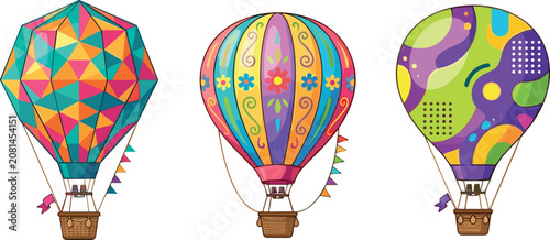 Colorful Hot Air Balloon Vector Illustration Set with Geometric Floral and Abstract Patterns for Summer Festival Travel and Adventure Graphic DesignsColorful Hot Air Balloon Vector Illustration Set wi