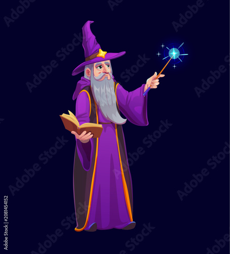 Quadro su tela Halloween wizard sorcerer character with magic wand and spell book, cartoon vector game character
