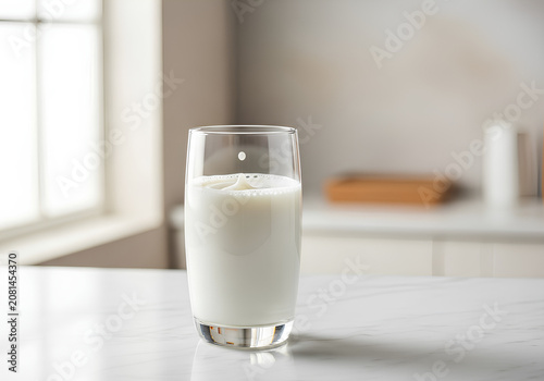 Fresh cold milk with falling drop in clear glass on kitchen counter