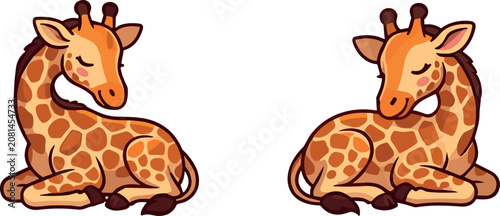 Cute Sleeping Baby Giraffe Vector Illustration Pair Lying Down and Curled Up Isolated on White Background for Children Nursery and Kids Graphic DesignsCute Sleeping Baby Giraffe Vector Illustration Pa