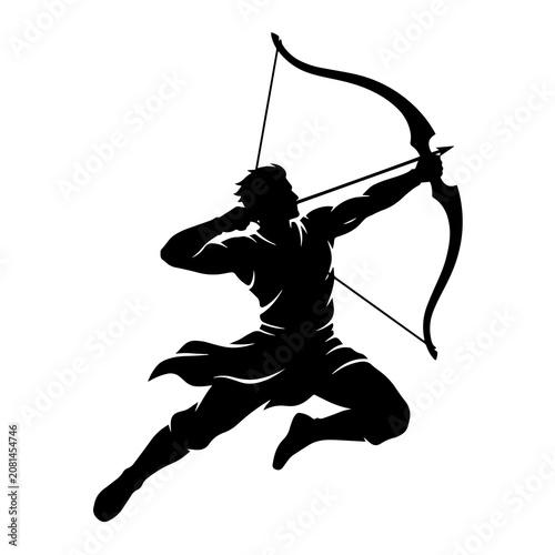 Foto Black silhouette of a male archer aiming a bow and arrow, isolated on a white ba