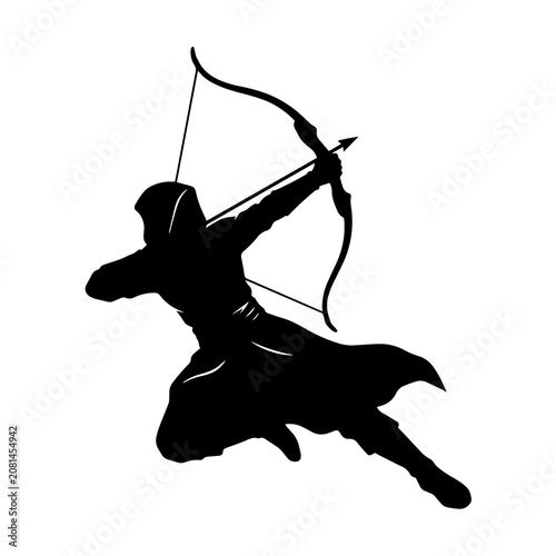 Bild auf Leinwand Black silhouette of an archer in a hooded cloak aiming a bow and arrow, isolated