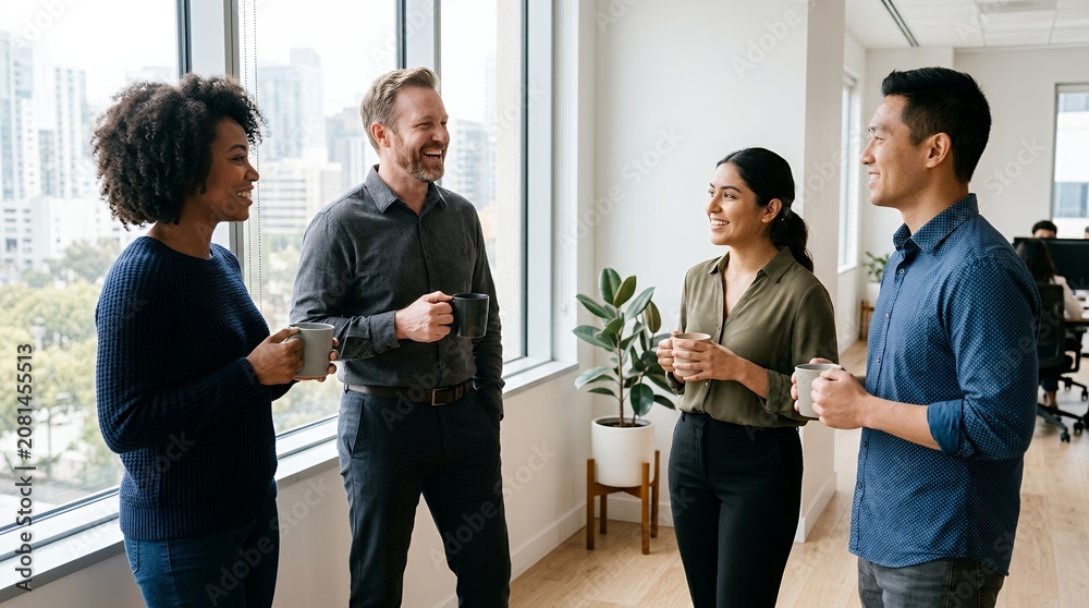 Obraz premium Four diverse business colleagues smiling and chatting casually in a modern office space with large windows overlooking a city skyline.