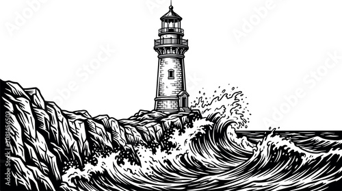 Vintage Lighthouse on Rocky Cliff with Rough Ocean Waves Vector Art Illustration in Black and White Linocut Woodcut Style for Nautical Graphic DesignsVintage Lighthouse on Rocky Cliff with Rough Ocean