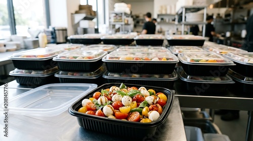 Fresh caprese salad meal prep containers in commercial kitchen