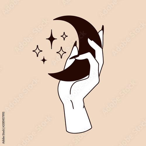Contour witch hand holding crescent, moon and stars. Mystical, sacred space a...