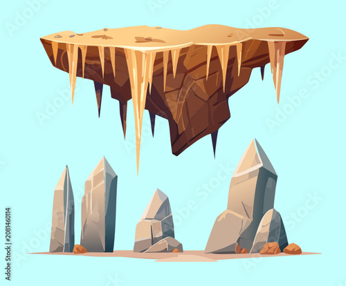 Floating fantasy islands with crystal formations and stalactites hanging below