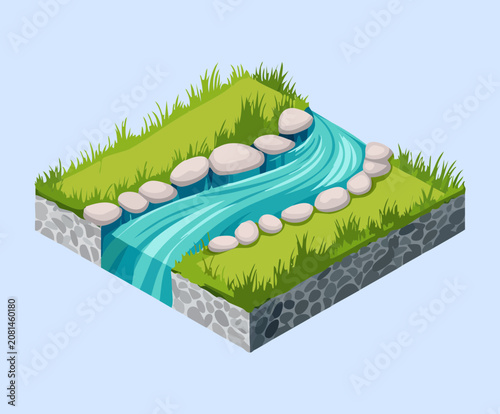 Detailed isometric terrain slice showcasing a clean flowing river over smooth stones