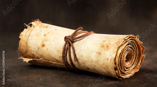 A large aged parchment scroll with brown frayed edges tied with a leathery cord rests on a dark stone surface representing classical historical archives and ancient learning.