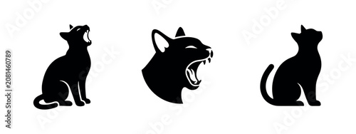 Fotografie Three black silhouette icons of cats in various poses, including yawning and sitting, on a white background