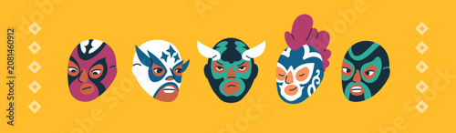 Mexican luchador wrestler faces wearing decorative masks, set. Lucha libre, w...