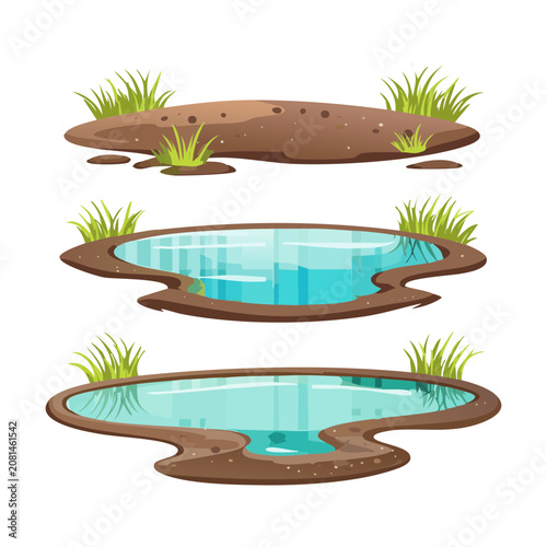Muddy water puddles and green grass vector landscape illustration showing wet soil and natural earth elements