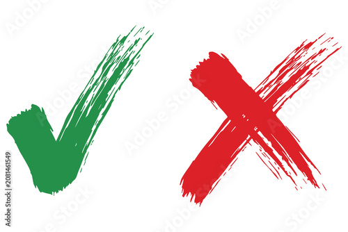 Green checkmark and red x mark vector icons. grunge style brush stroke symbols