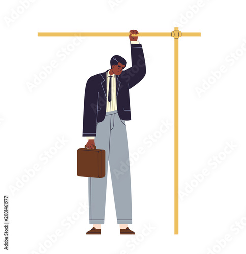 Tired drowsy business man standing holding handrail and sleeping. Sleepy exha...