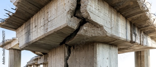 Cracked concrete structure shows damage at a construction site during daylight hours in a non-urban area