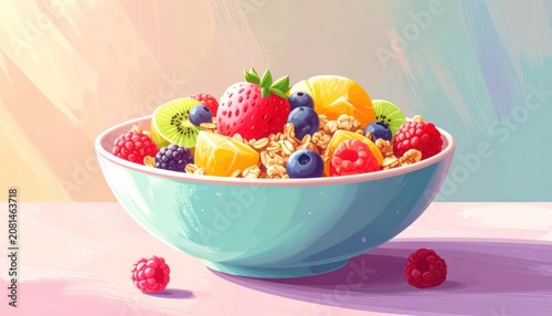 Healthy Breakfast Bowl Overflowing with Fresh Berries and Fruits.
