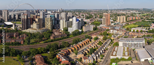Fotografi Aerial Panorama over Wembley Park Railway Tracks, High-Rises, and Residential Su