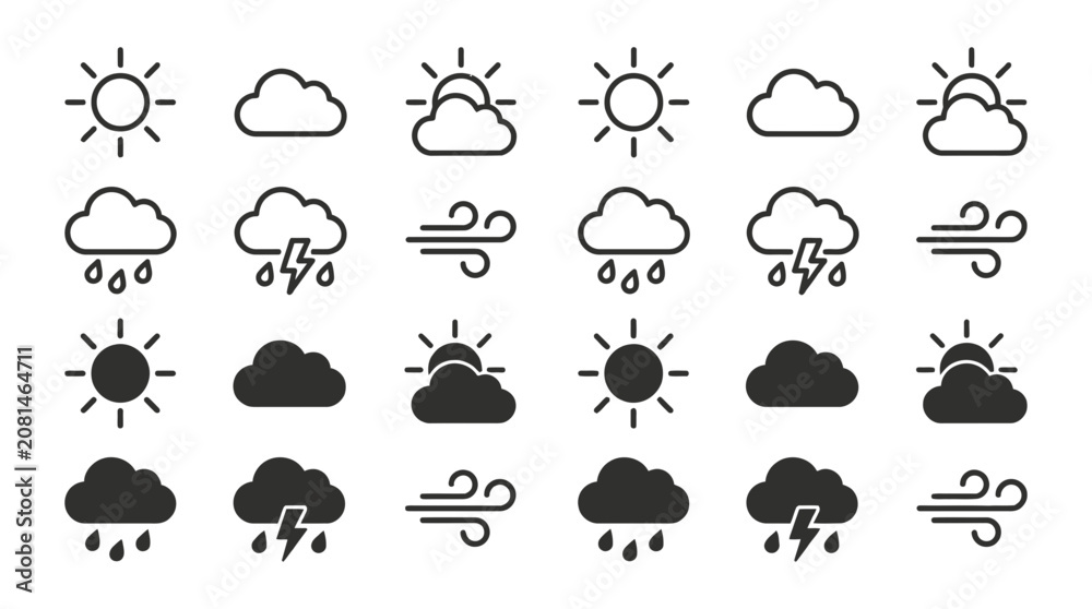 Obraz premium Meteorological weather icon set featuring sun clouds rain storm and wind variations forecast meteorology collection