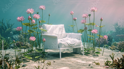 Surreal White Armchair Surrounded by Pink Lotus Flowers Underwater