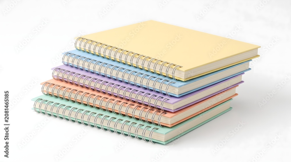 Fototapeta premium Stack of pastel spiral notebooks isolated on a white background. Clean minimalist mockup for back to school, education, stationery, and office supply concepts. Bright colorful binders