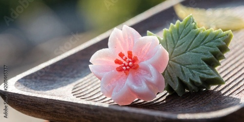 Traditional Japanese Wagashi sweets shaped like cherry blossoms and maple leaves, zen wooden tray, macro photography.

