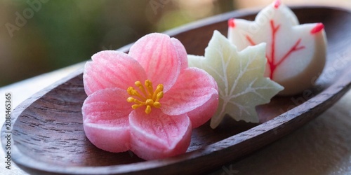 Traditional Japanese Wagashi sweets shaped like cherry blossoms and maple leaves, zen wooden tray, macro photography.
