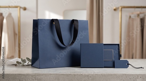 A mockup of a navy blue shopping bag and wallet on a table with clothing racks in the background.