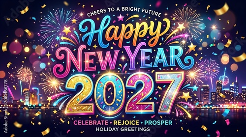 Happy new year 2027 with fireworks, confetti, and festive lettering over illuminated city.