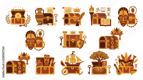 Canvastavla Collection of Treasure Chests with Ancient Artifacts and Symbols.