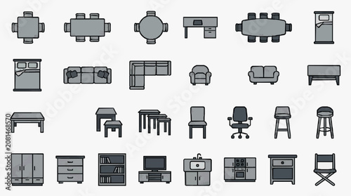 Canvas Print Modern Minimalist Line Drawing Icons of Various Furniture and Home Appliances in