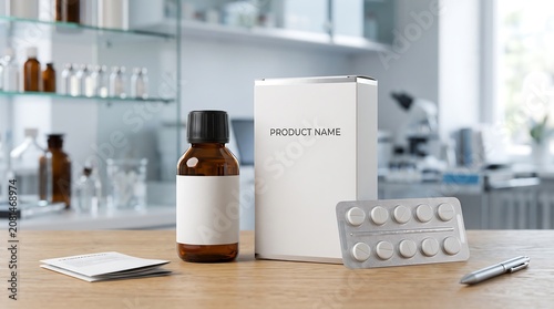 Medical products arranged on wooden table in laboratory setting with various equipment