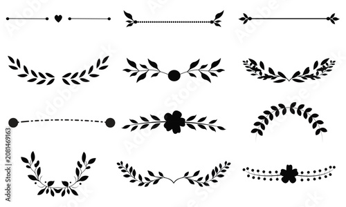 Set of Black Floral Vector Elements with Flowers Leaves Branches Birds Butterflies Frames Borders and Vintage Botanical Design Collection for Pattern Decoration Wedding Illustration
