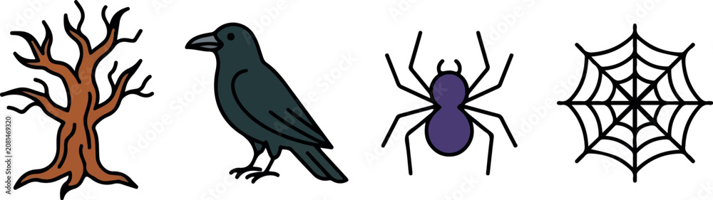 Fototapeta premium Halloween themed cartoon illustrations of a tree crow spider and web on white background