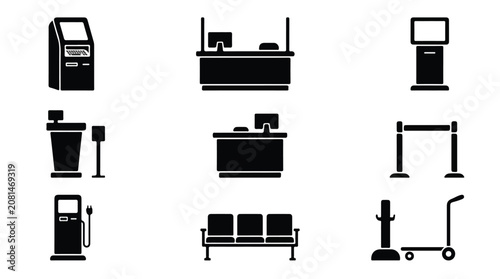Canvastavla Airport terminal service icons set, 9 black vector silhouettes of check-in count
