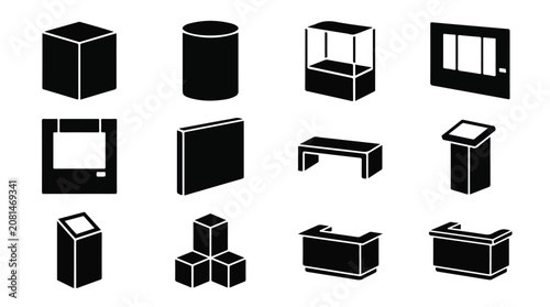 Foto Exhibition stand icons set, 12 museum display case and gallery pedestal vectors,