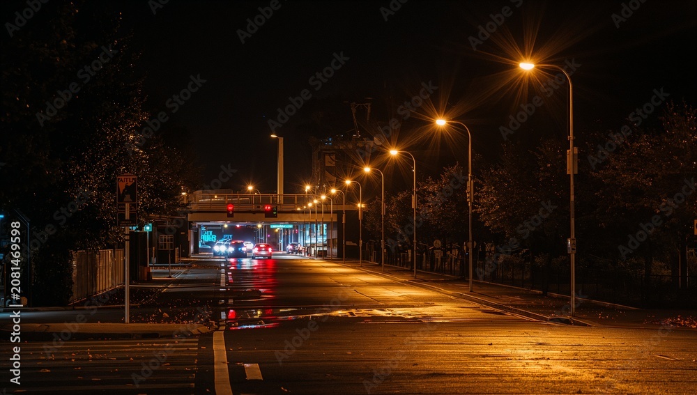 Obraz premium City street at night with glowing street lights, wet road reflections