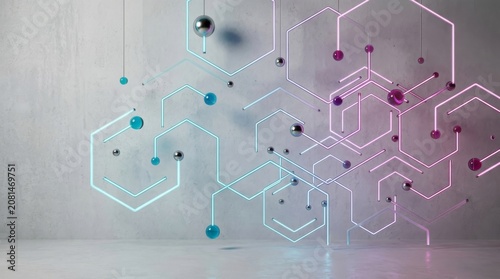 Abstract geometric neon light installation featuring glowing blue and pink hexagonal frames with suspended glass and chrome spheres against a grey concrete background.