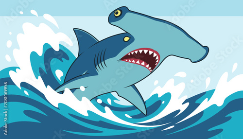 Hammerhead shark jumping out of blue ocean waves
