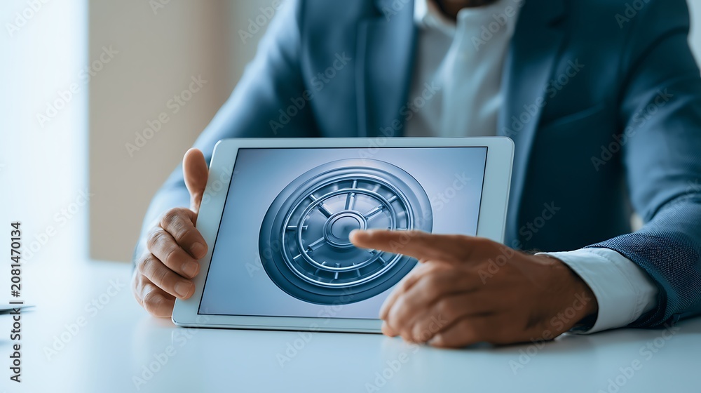 Fototapeta premium Businessman showing digital safe on tablet screen, secure data concept