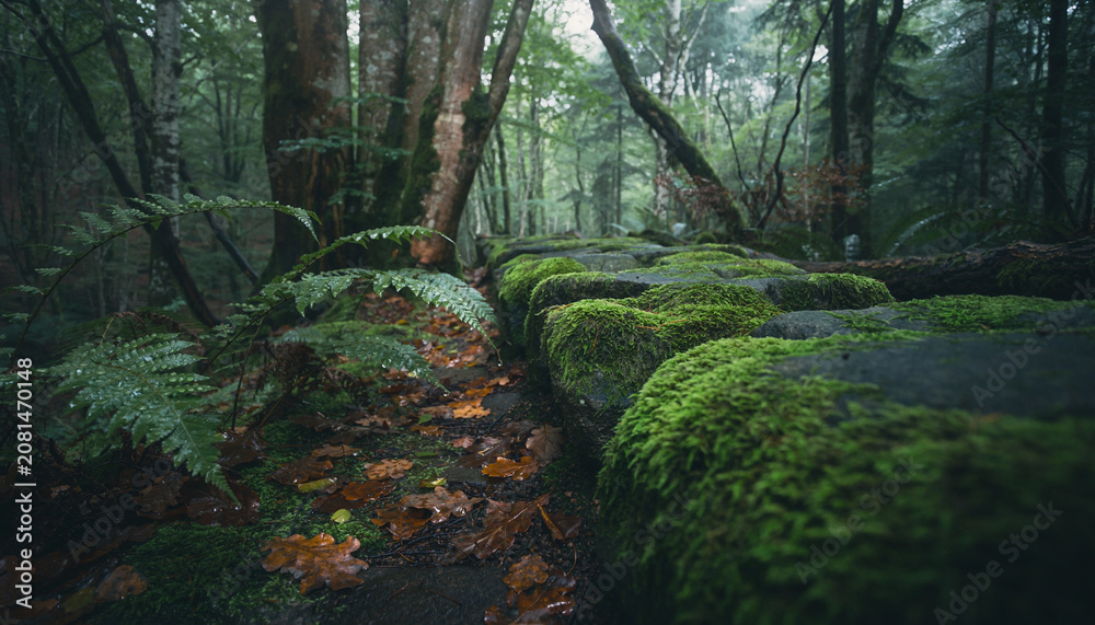 Fototapeta premium Moss Covered Pathway in Forest Scene for Nature Background